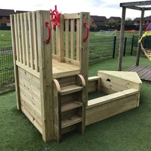 Rear view of timber play boat from Discovering Days for schools and nurseries